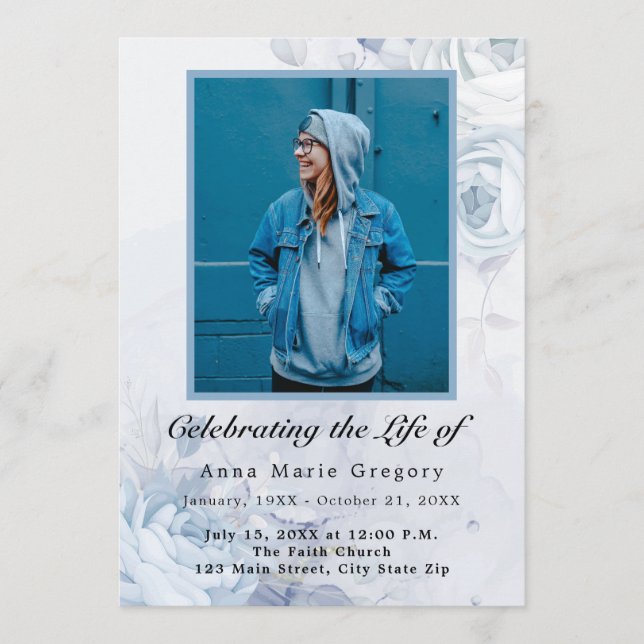 Programa Celebración de la Vida Azul Foto Elegante Floral (Anverso)