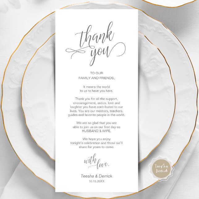 Programa Cena boda, Configuración De Lugar Cartas De agrade (Wedding Dinner, Place Setting Thank You Card, in Modern Classy Script, Dark Grey.)