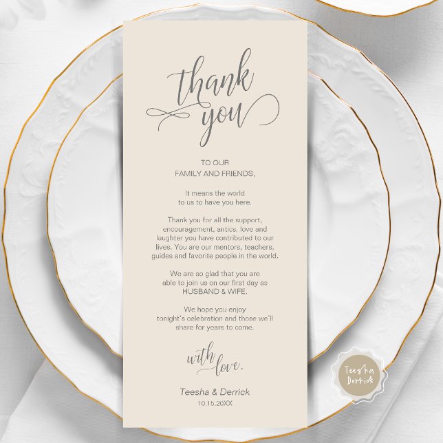 Programa Cena boda, Configuración De Lugar Cartas De agrade (Wedding Dinner, Place Setting Thank You Card, in Modern Classy Script, Grey and Cream.)