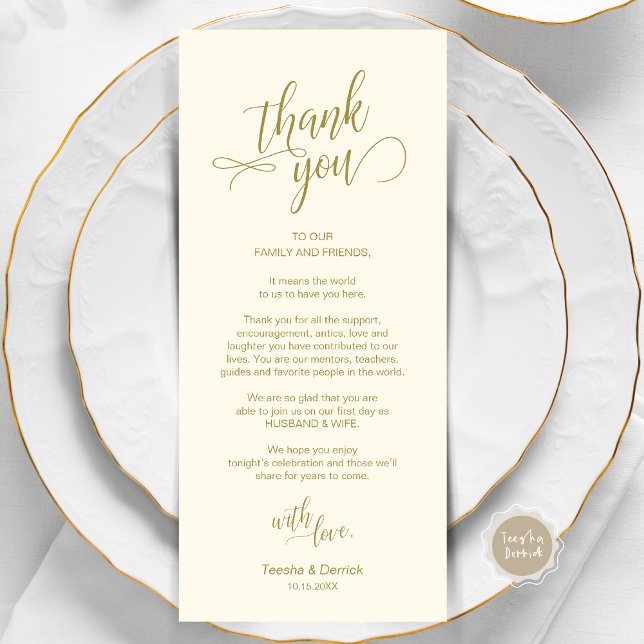 Programa Cena boda, Configuración De Lugar Cartas De agrade (Wedding Dinner, Place Setting Thank You Card, in Modern Classy Script, Gold Scheme.)