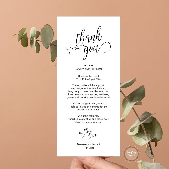 Programa Cena boda, Configuración De Lugar Cartas De agrade (Wedding Dinner, Place Setting Thank You Card, in Modern Classy Script, Black and White.)