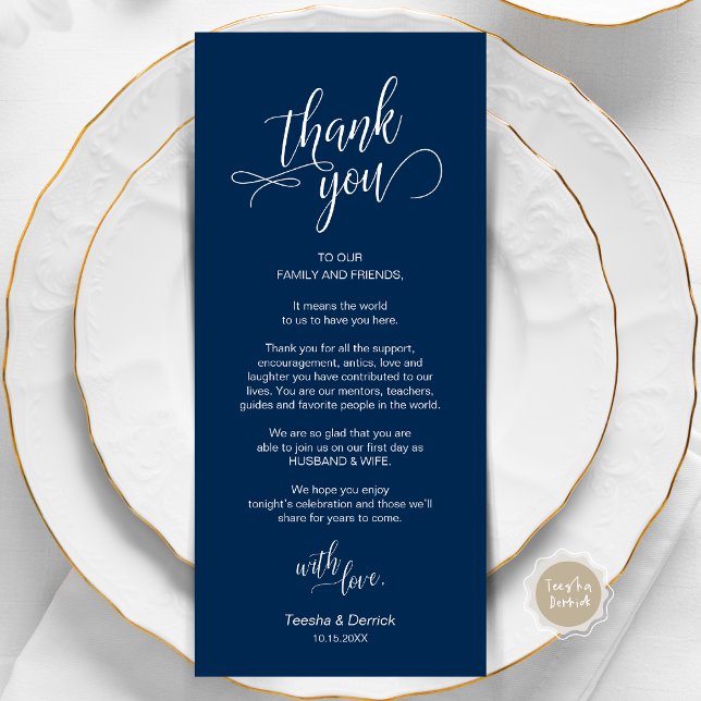 Programa Cena boda, Configuración De Lugar Cartas De agrade (Wedding Dinner, Place Setting Thank You Card, in Modern Classy Script, Navy Blue.)