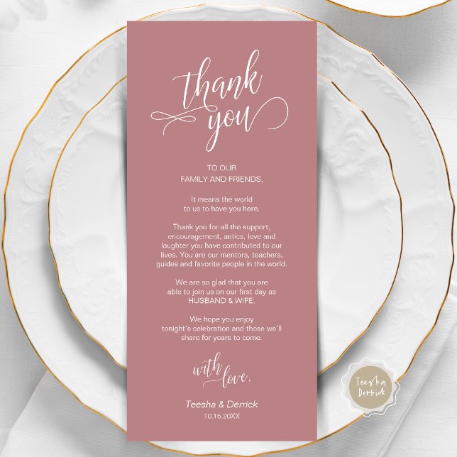 Programa Cena boda, Configuración De Lugar Cartas De agrade (Wedding Dinner, Place Setting Thank You Card, in Modern Classy Script, Dusty Rose.)