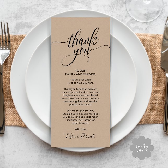 Programa Cena Rústica Boda Gracias por cambiar la carta (Rustic Wedding Dinner Thank you Place Setting Card in cottage brown kraft theme)