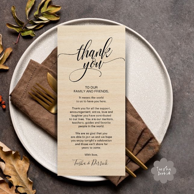 Programa Cena Rústica Boda Gracias por cambiar la carta (Rustic Wedding Dinner Thank you Place Setting Card in cottage brown wood theme)