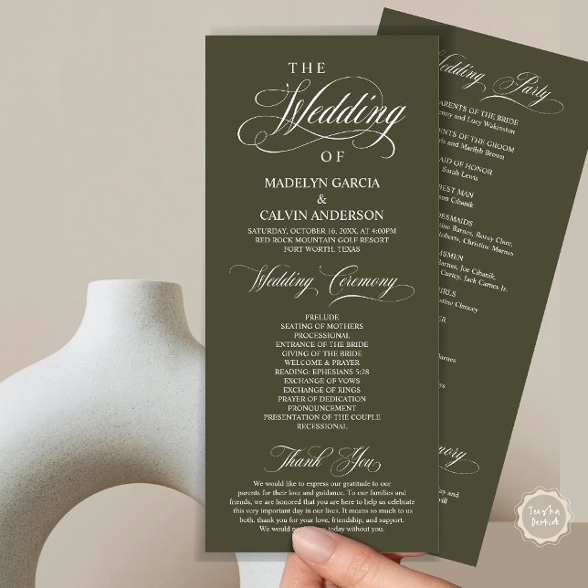 Programa Ceremonia boda, elegancia elegante azul turbio (Wedding Ceremony Program Card, in Modern Classy Elegant Design, in Olive Green)