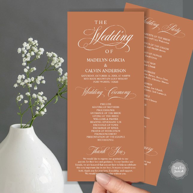 Programa Ceremonia boda, elegante elegante oreja de cobre (Wedding Ceremony Program Card, in Modern Classy Elegant Design, in Copper Rust)