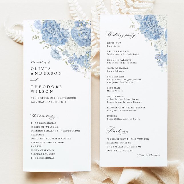 Programa Ceremonia de Boda Acuarela Azul Polvo y Blanco (Dusty blue white hydrangea watercolor wedding ceremony program, front & back, elegant stationery)