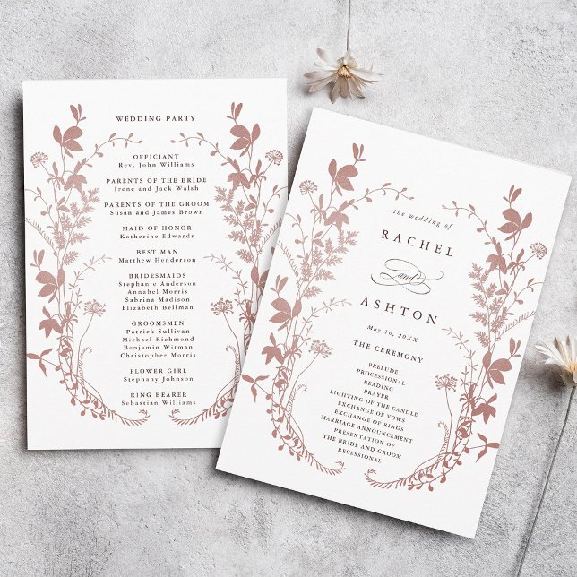 Programa Ceremonia de Boda Botánica Rosa Polvorienta Románt (Front & Back)
