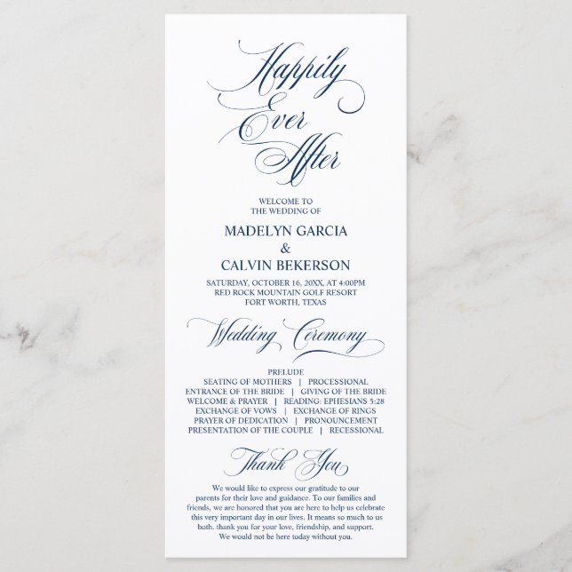 Programa Ceremonia de Boda con guión azul de la marina de e (Anverso)
