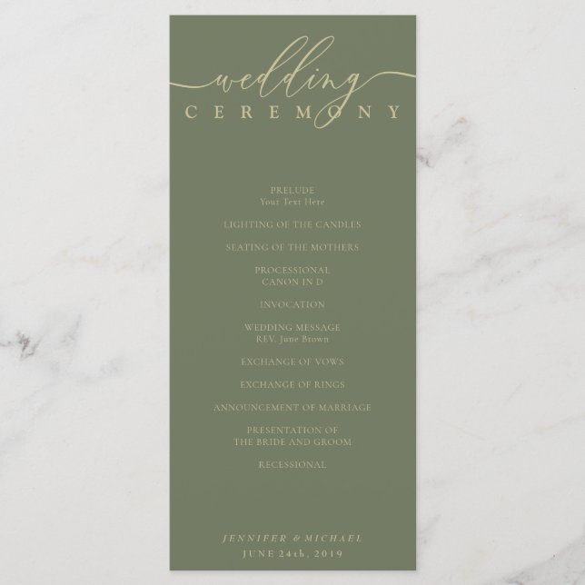 Programa Ceremonia de Boda con Guión de Firma Minimal Sage (Anverso)