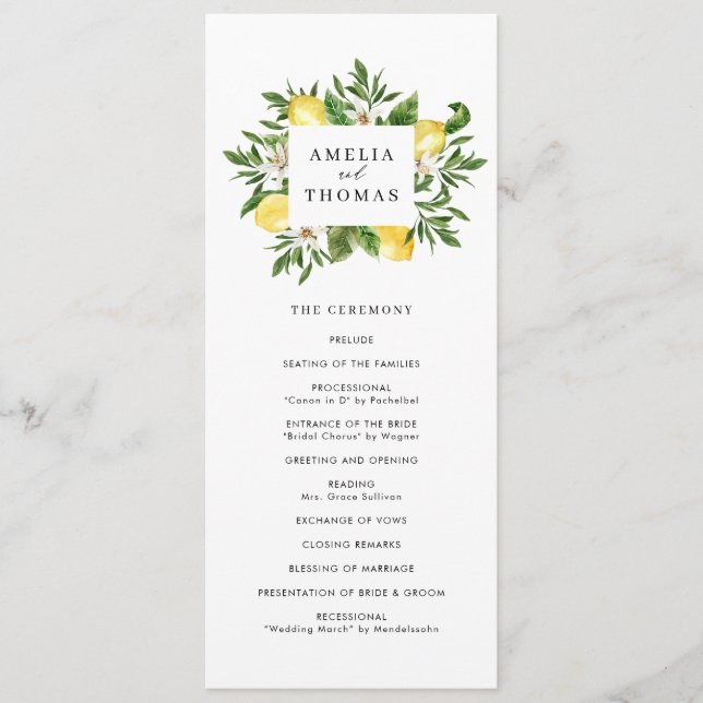 Programa Ceremonia de Boda con Verde y Limones en Acuarela (Anverso)