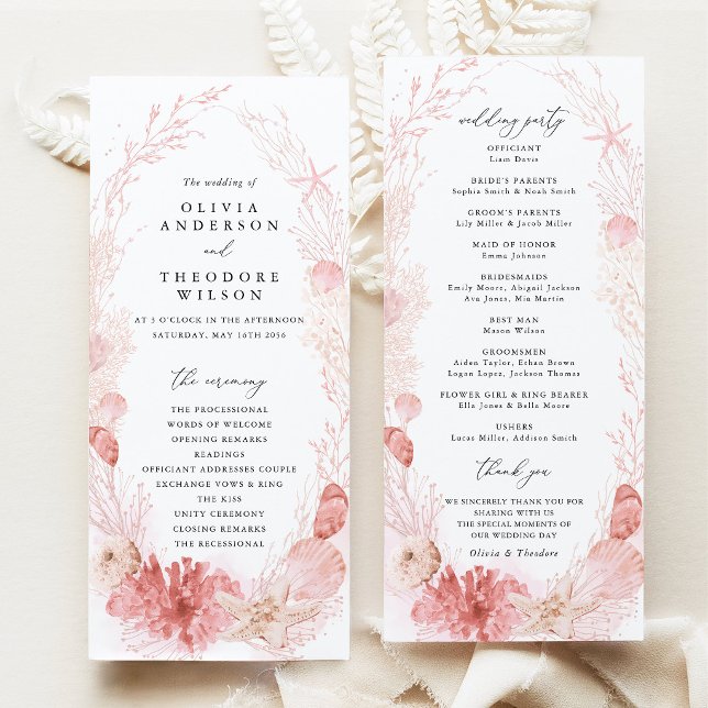 Programa Ceremonia de Boda de Conchas Marinas Costeras de B (Blush beach coastal wedding program ceremony timeline wedding party cards pink seashell stationery)