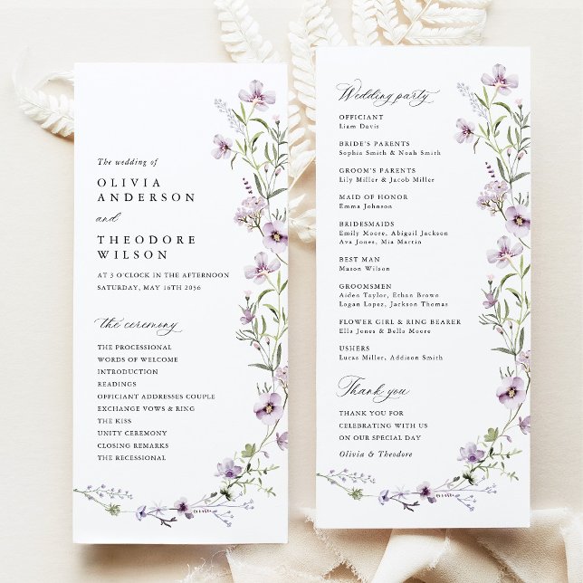 Programa Ceremonia de Boda de Flor Silvestre de Lavanda (Lavender Wildflower Wedding Program, Lilac Ceremony Program, Purple Floral Order of Wedding Party)