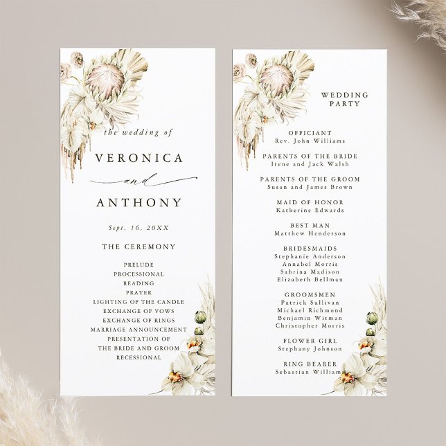 Programa Ceremonia de Boda de Floral de Grass Protea Pampas (Front & Back)