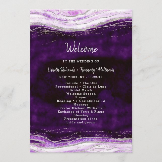 Programa Ceremonia de Boda de Geode púrpura y plateado de A (Anverso)