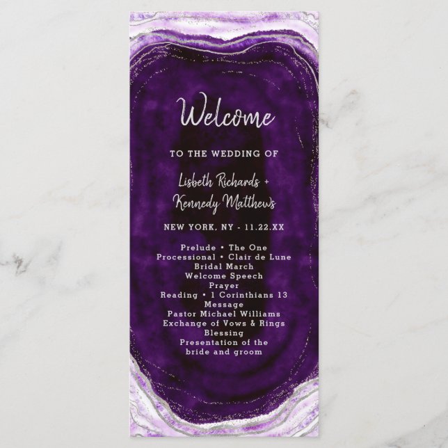 Programa Ceremonia de Boda de Geode púrpura y plateado de A (Anverso)