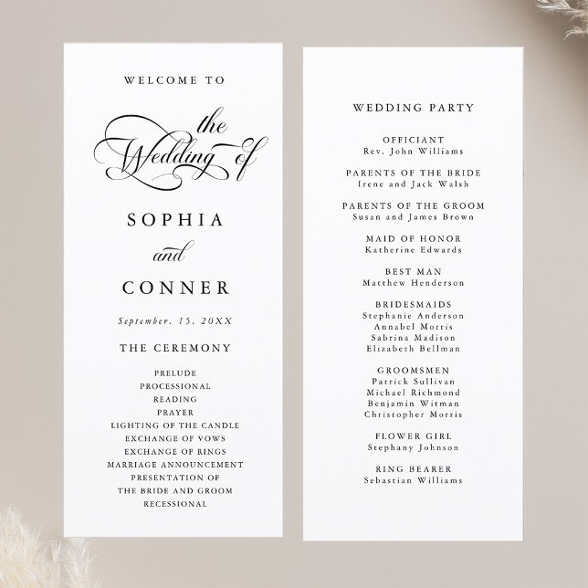 Programa Ceremonia de Boda de guión elegante (Front & Back)