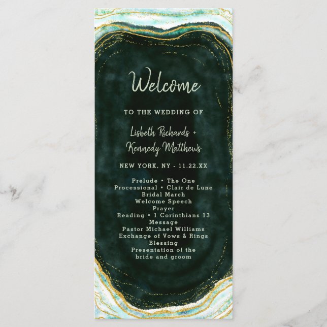 Programa Ceremonia de boda de mármol verde turquesa y ágata (Anverso)