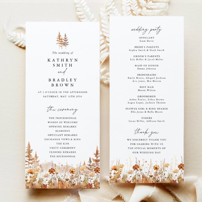Programa Ceremonia de Boda de Montaña con Flores Silvestres (Terracotta wildflower mountain wedding program front and back, elegant boho ceremony program card)