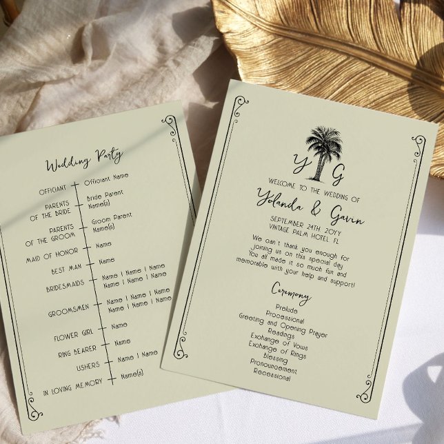 Programa Ceremonia de Boda Elegante de Árbol de Palma Vinta (Wedding Ceremony Program - from my Vintage Palm Wedding Collection)