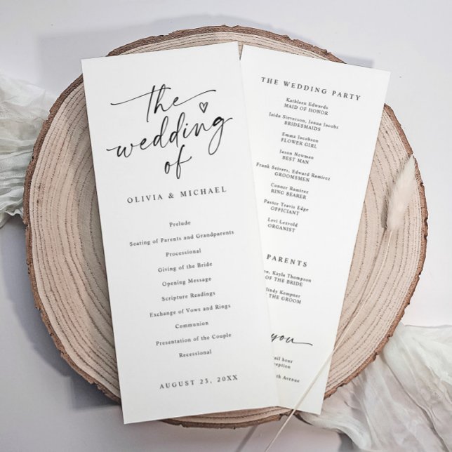 Programa Ceremonia de Boda en Blanco y Negro con Letra Mode (Modern black and white wedding program with elegant script, heart, and ceremony details.)