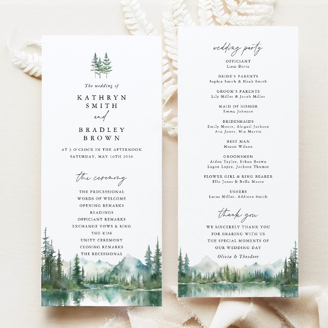Programa Ceremonia de Boda en el Bosque del Lago de Montaña (Mountain Lake Wedding Program, Woodland Wedding Ceremony Program, Forest Wedding Stationery Suite)