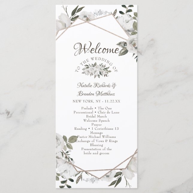 Programa Ceremonia de Boda Floral Blanca Geométrica Precios (Anverso)