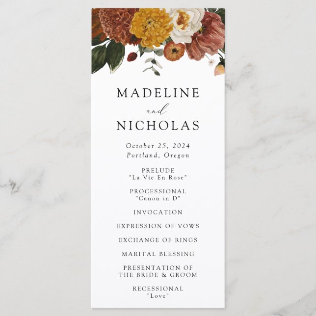 Programa Ceremonia de Boda Floral Boho Otoño (Anverso)