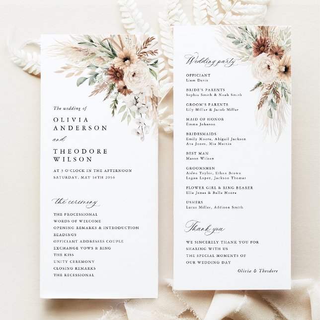 Programa Ceremonia de Boda Floral de Pampas Boho (Boho Pampas Grass Floral Wedding Program Card, Rustic Ceremony Program, Neutral Wedding Stationery)