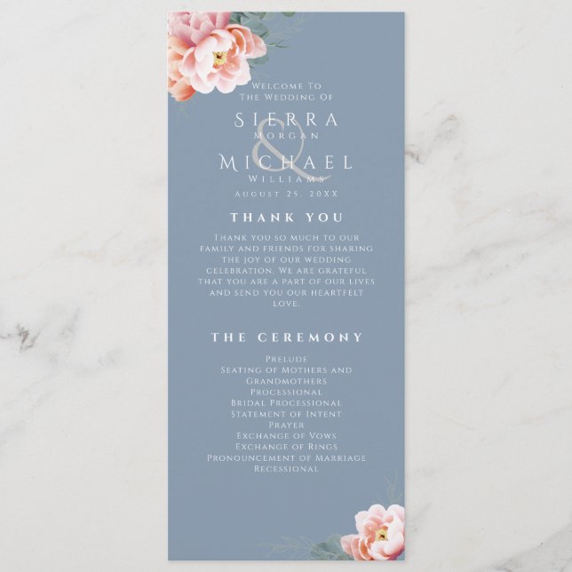 Programa Ceremonia de Boda floral de Rubor azul y moderno (Anverso)