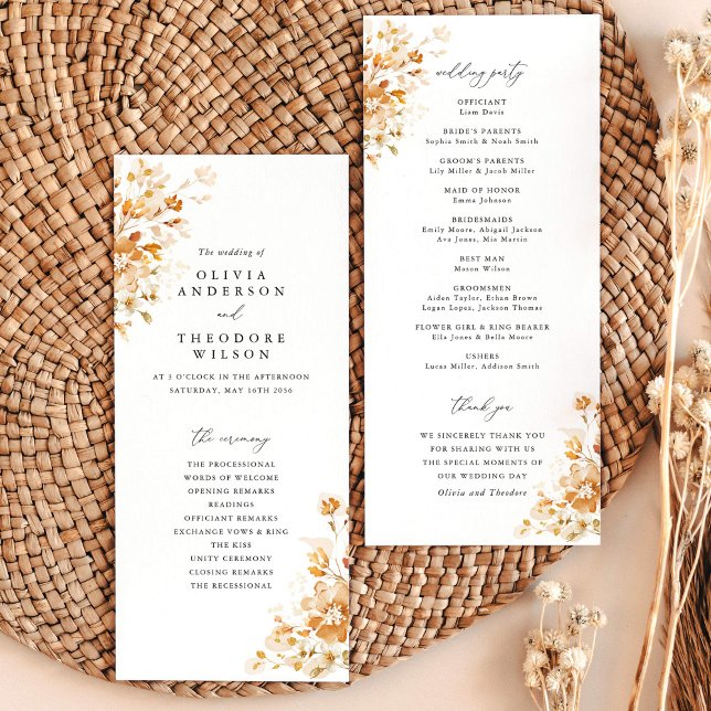Programa Ceremonia de Boda Floral Elegante de Terracota (Terracotta floral wedding program card, elegant ceremony order, burnt orange watercolor stationery)