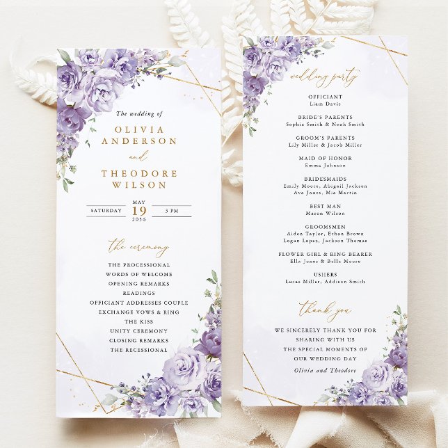 Programa Ceremonia de Boda Floral Lavanda Geométrica Dorada (Lavender Floral Gold Geometric Wedding Program, Elegant Purple Rose Wedding Ceremony Program)