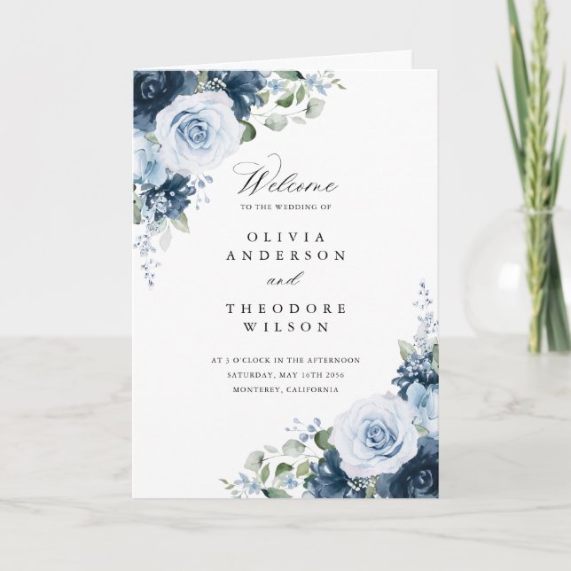 Programa Ceremonia de Boda Floral Plegada Azul Polvoriento  (Anverso)