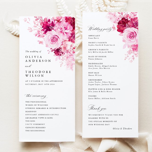 Programa Ceremonia de Boda Floral Rosa Brillante (Hot Pink Floral Wedding Program, Elegant Garden Ceremony Program Wedding Party Order of Service Card)