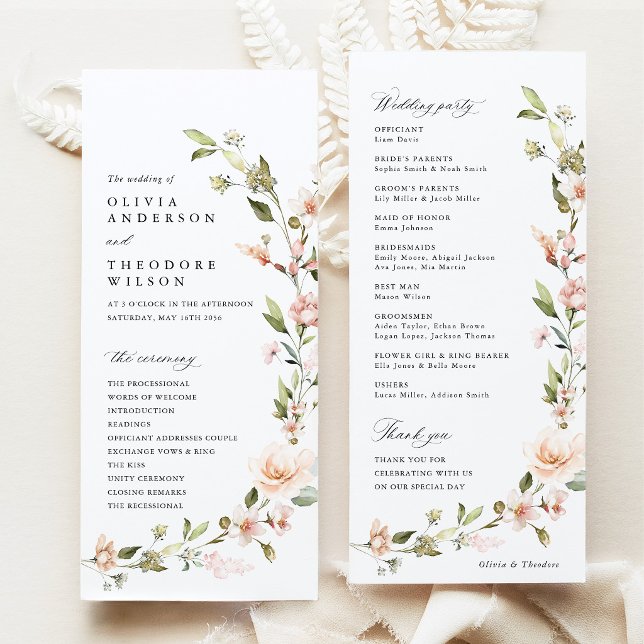 Programa Ceremonia de Boda Floral Rosa Melocotón (Peach Blush Floral Wedding Program, Wildflower Ceremony Program, Wedding Party Program Stationery)