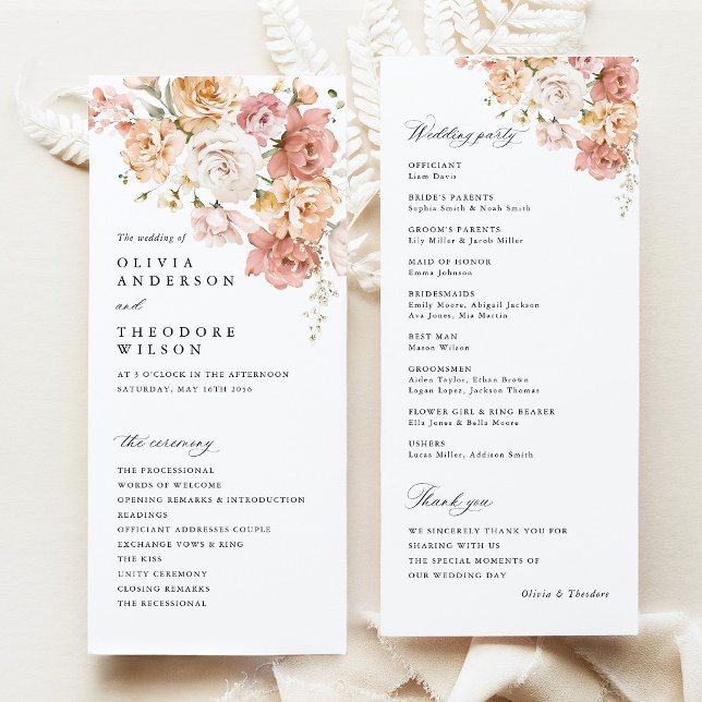 Programa Ceremonia de Boda Floral Rosa Polvoriento (Dusty Pink Rose Floral Wedding Program, double sided ceremony program, blush wedding stationery)