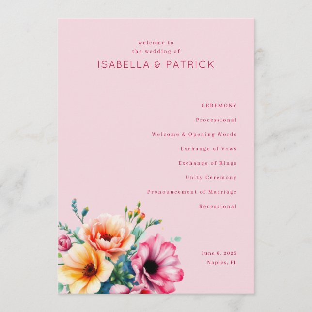 Programa Ceremonia de Boda Floral Rosa Romántica (Anverso)