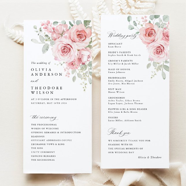 Programa Ceremonia de Boda Floral Rosa Rubor (Blush Rose Floral Wedding Program, Watercolor Blush Pink Floral  Ceremony Program)