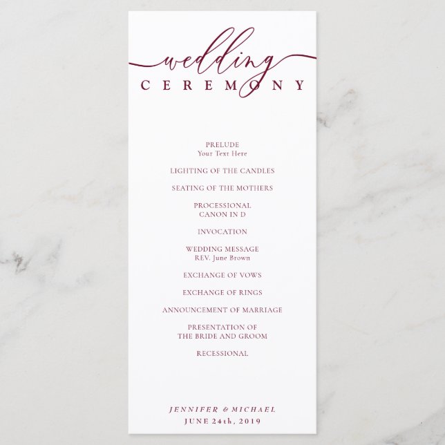 Programa Ceremonia de Boda Minimal Burgundy con Letra de Fi (Anverso)