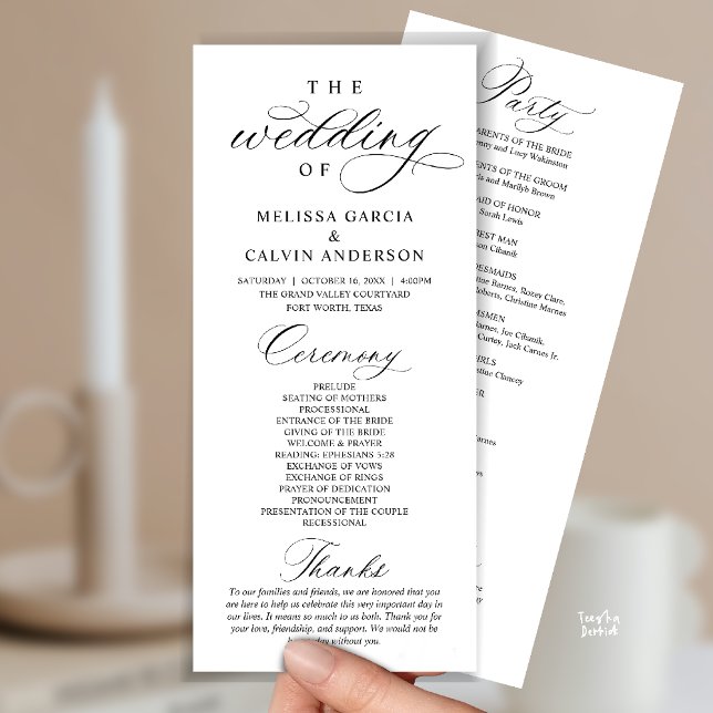 Programa Ceremonia de Boda Moderna Clásica y Elegante (Modern Classy Elegant Wedding Ceremony Program card black and white)