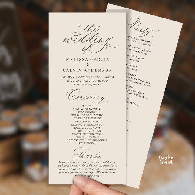 Programa Ceremonia de Boda Moderna con Clase y Elegancia (Modern Classy Elegant Romantic Wedding Ceremony Program Card in cream grey)