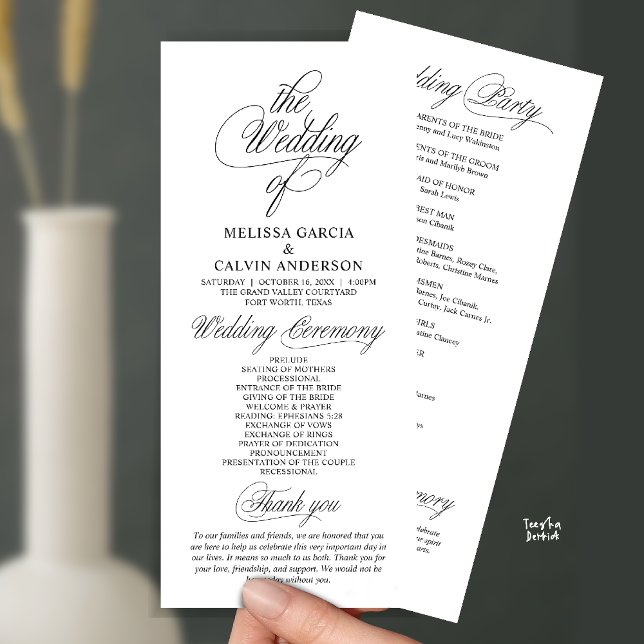Programa Ceremonia de Boda Moderna con Clase y Elegancia (Modern Classy Elegant Wedding Ceremony Program Card in Black and White)