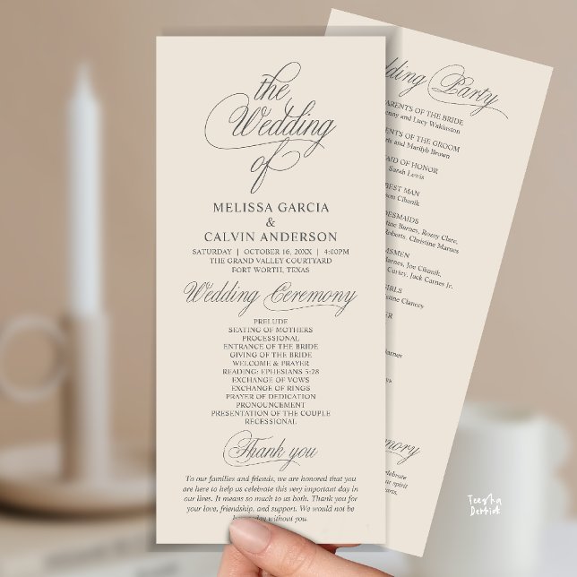 Programa Ceremonia de Boda Moderna con Clase y Elegancia (Modern Classy Elegant Wedding Ceremony Program Card in Cream Grey)