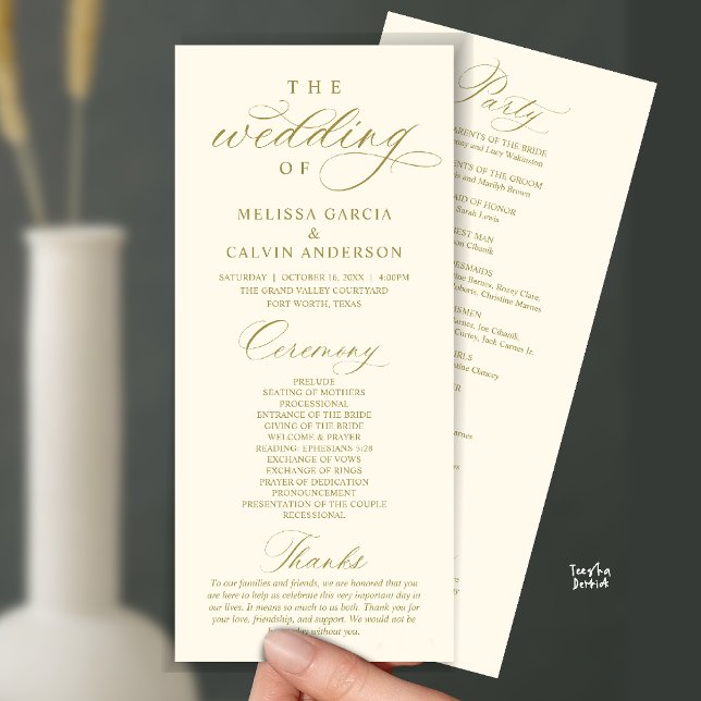 Programa Ceremonia de Boda Moderna Elegante y con Clase (Modern Classy Elegant Wedding Ceremony Program card yellow gold)