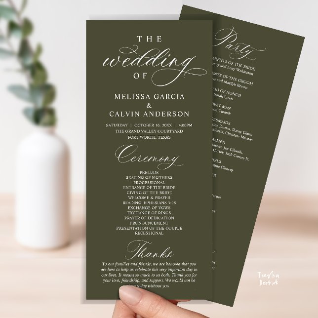 Programa Ceremonia de Boda Moderna Elegante y con Clase (Modern Classy Elegant Wedding Ceremony Program card olive green)