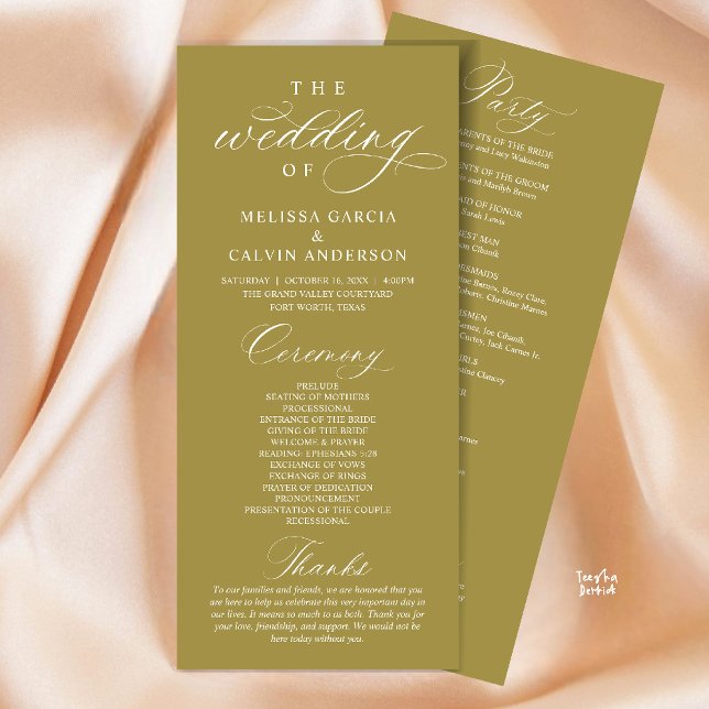 Programa Ceremonia de Boda Moderna Elegante y con Clase (Modern Classy Elegant Wedding Ceremony Program card yellow gold)