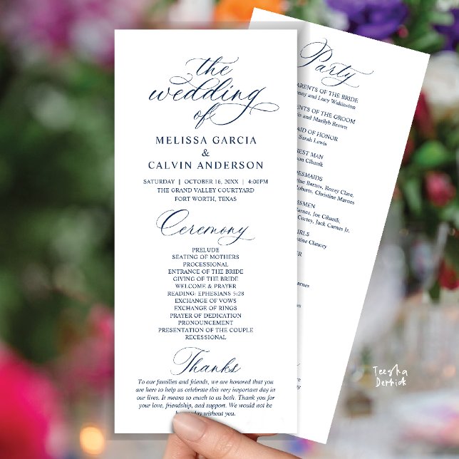 Programa Ceremonia de Boda Moderna Elegante y con Clase (Modern Classy Elegant Romantic Wedding Ceremony Program Card in Navy Blue)