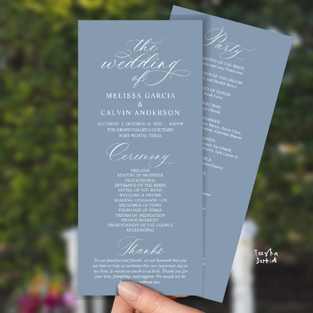 Programa Ceremonia de Boda Moderna y Elegante (Modern Classy Elegant Romantic Wedding Ceremony Program Card in Dusty blue)
