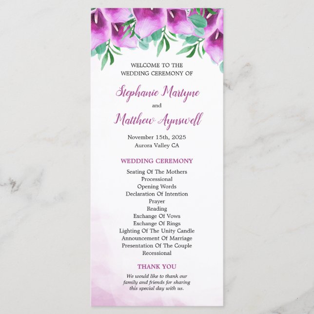 Programa Ceremonia de Boda Purple Calla Lily Floral (Anverso)